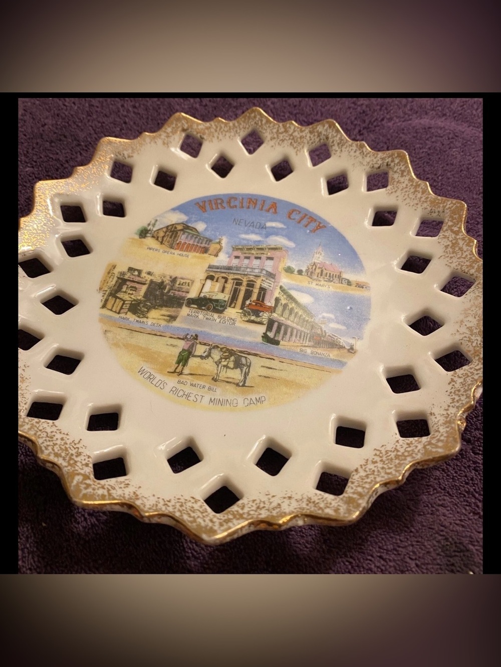 Vintage Virginia City Nevada Souvenir Plate Gold Trim Landmark Collector - Picture 3 of 4